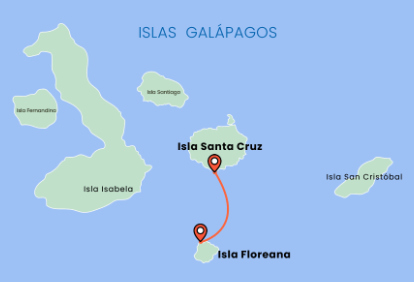 Galapagos map with the ferry route from Santa Cruz Island to Floreana Island.