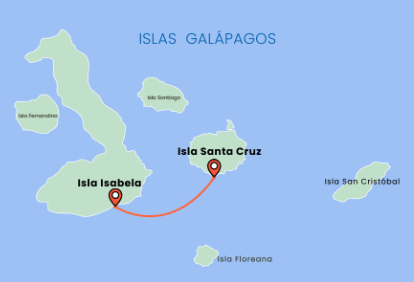 Galapagos map with the ferry route from Santa Cruz Island to Isabela Island